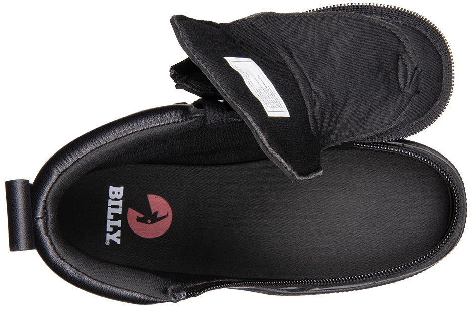 Black to the Floor Leather BILLY Classic Lace High Tops featuring a zipper design and adjustable laces for easy wear, ideal for kids' varied outfits.