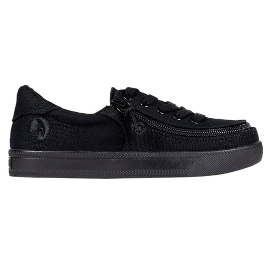 Kid's Black to the Floor Canvas BILLY Classic Lace Lows, zipper shoes, like velcro, that are adaptive, accessible, inclusive and use universal design to accommodate an afo. BILLY Footwear comes in medium and wide width, M, D and EEE, are comfortable, and come in toddler, kids, mens, and womens sizing.