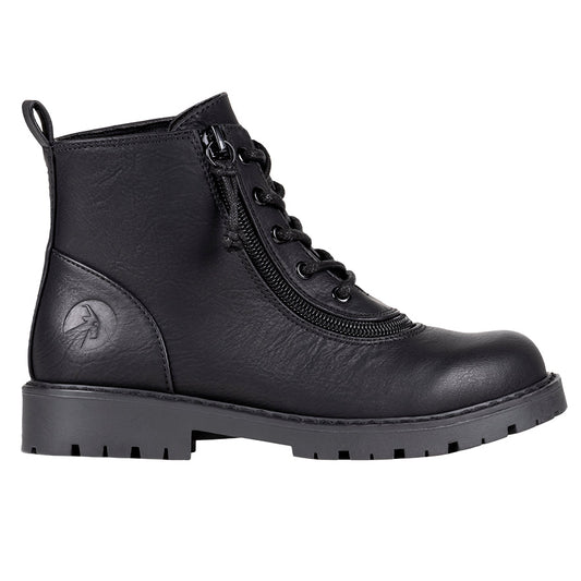 Kid's Black BILLY Boots, zipper shoes, like velcro, that are adaptive, accessible, inclusive and use universal design to accommodate an afo. BILLY Footwear comes in medium and wide width, M, D and EEE, are comfortable, and come in toddler, kids, mens, and womens sizing.