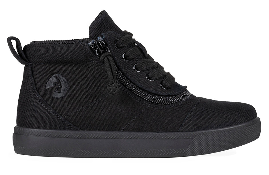 Black to the Floor BILLY D|R High Tops with zipper and adjustable laces, designed for easy wear and durability.