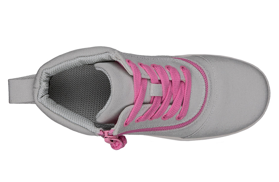 Grey/Pink BILLY D|R Short Wrap High Tops with functional laces and easy-access zipper, showcasing adjustable fit and durable knit fabric for enhanced resilience.