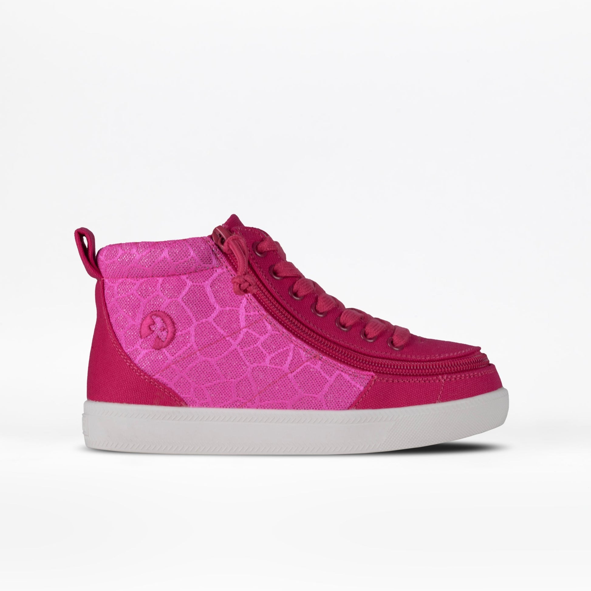 Pink Print BILLY Classic D|R High Top shoe with pink knit fabric, full-wrap zipper, and functional laces for customizable fit and AFO-friendly design.