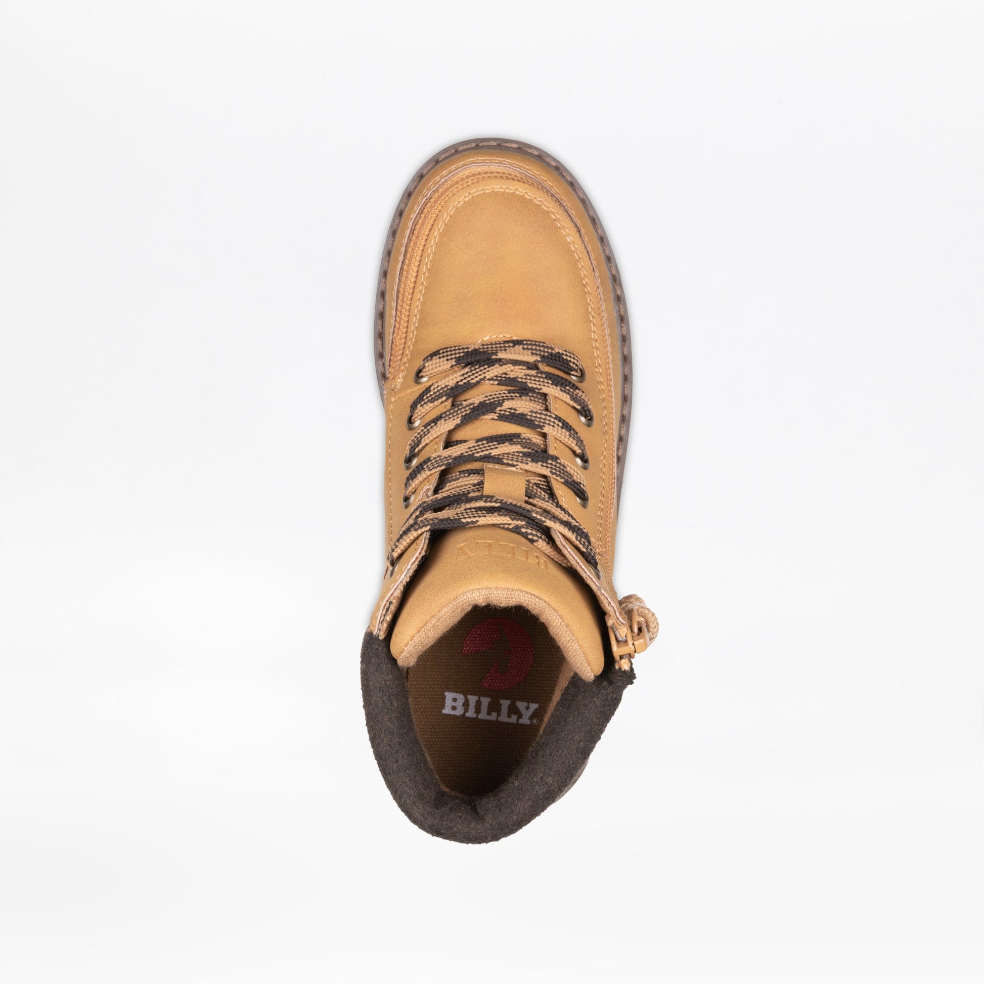 Close-up of Kids & Toddlers Tan BILLY Lug II boots featuring a convenient wraparound zipper, perfect for easy wear and classic style.