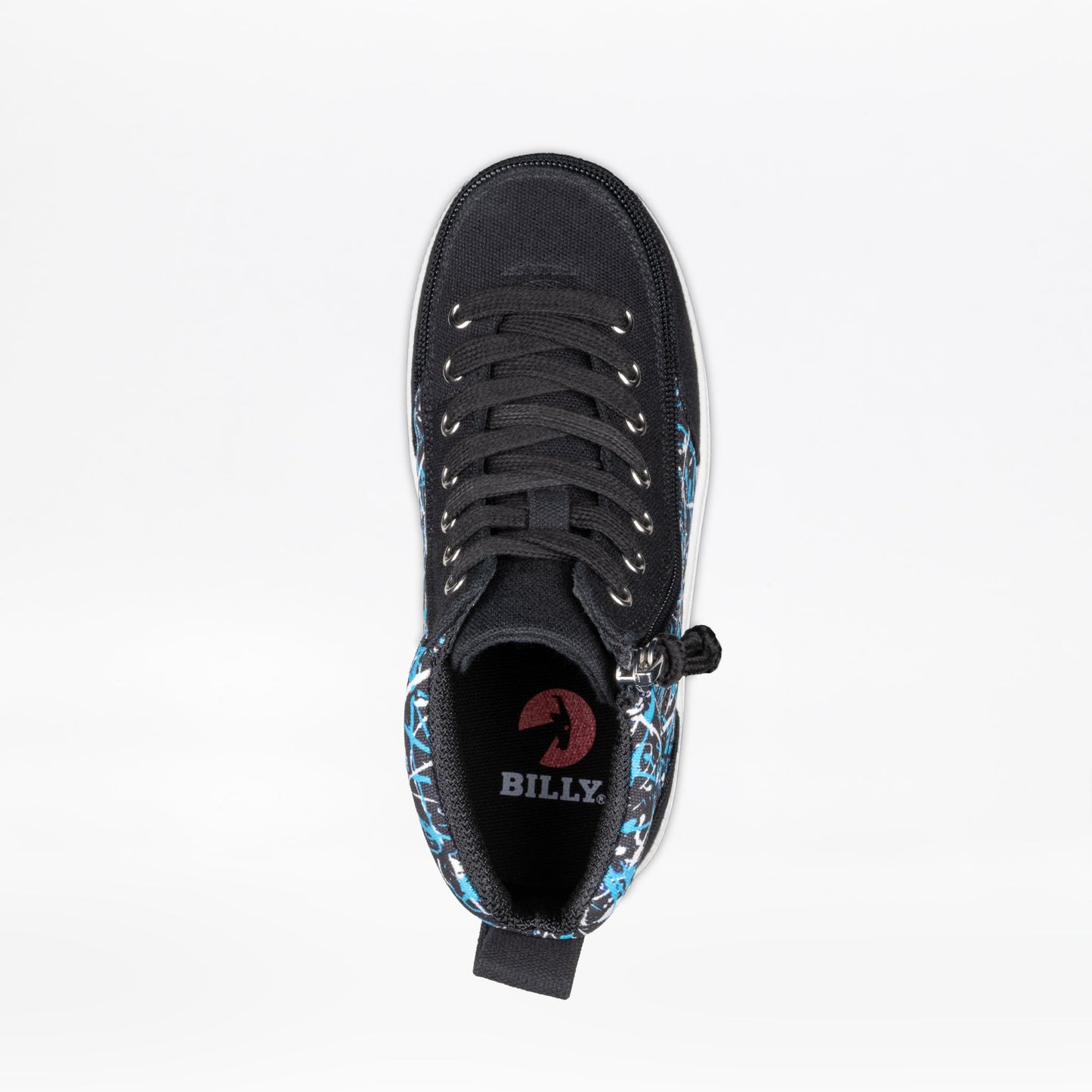 Black Graffiti BILLY Classic D|R II High Top shoe with blue and white design, featuring functional laces, full-wrap zipper, and durable fabric for AFO compatibility.