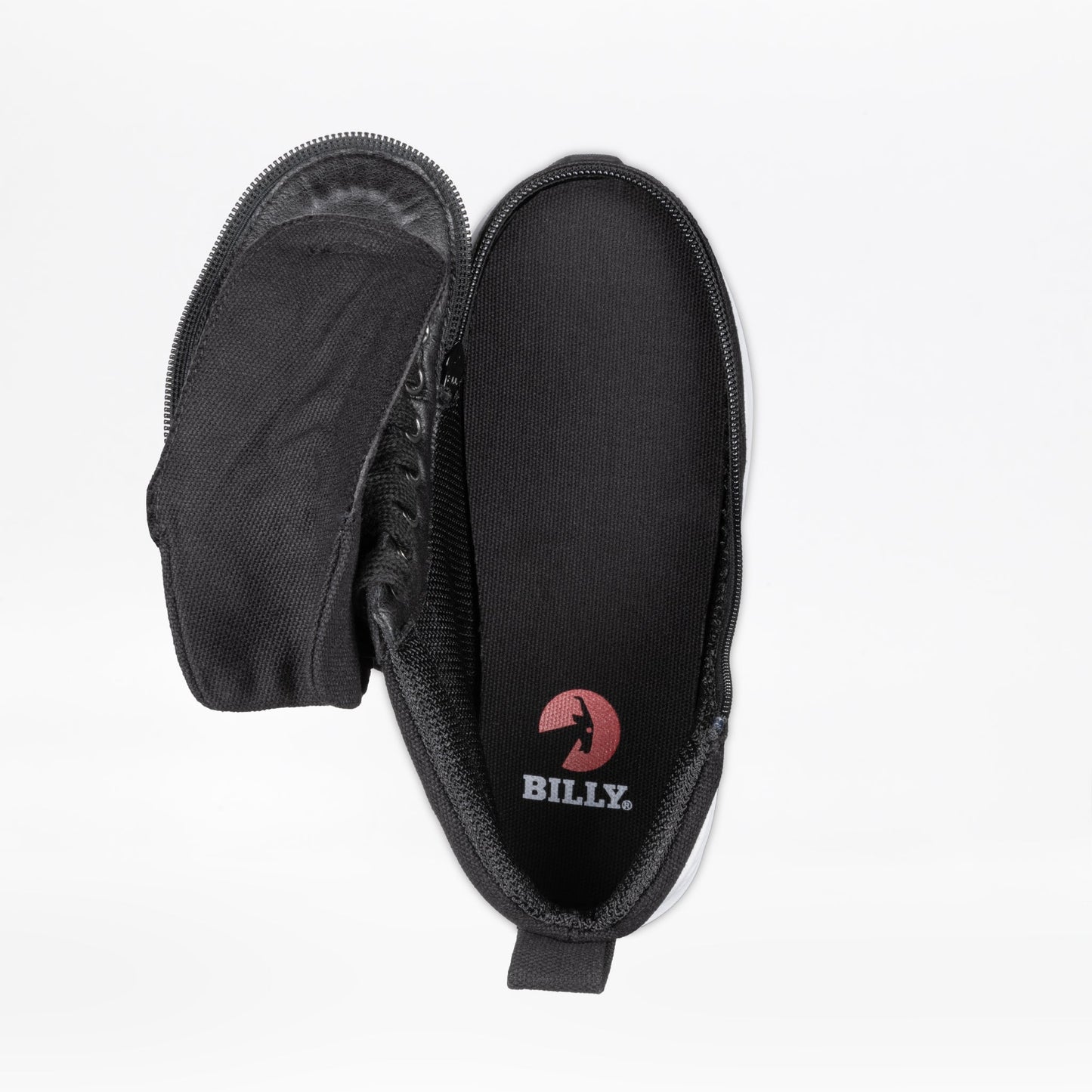 Black BILLY Goat Classic High Top shoes with an AFO-friendly design, featuring a full-wrap zipper for easy wear and a white logo detailing.