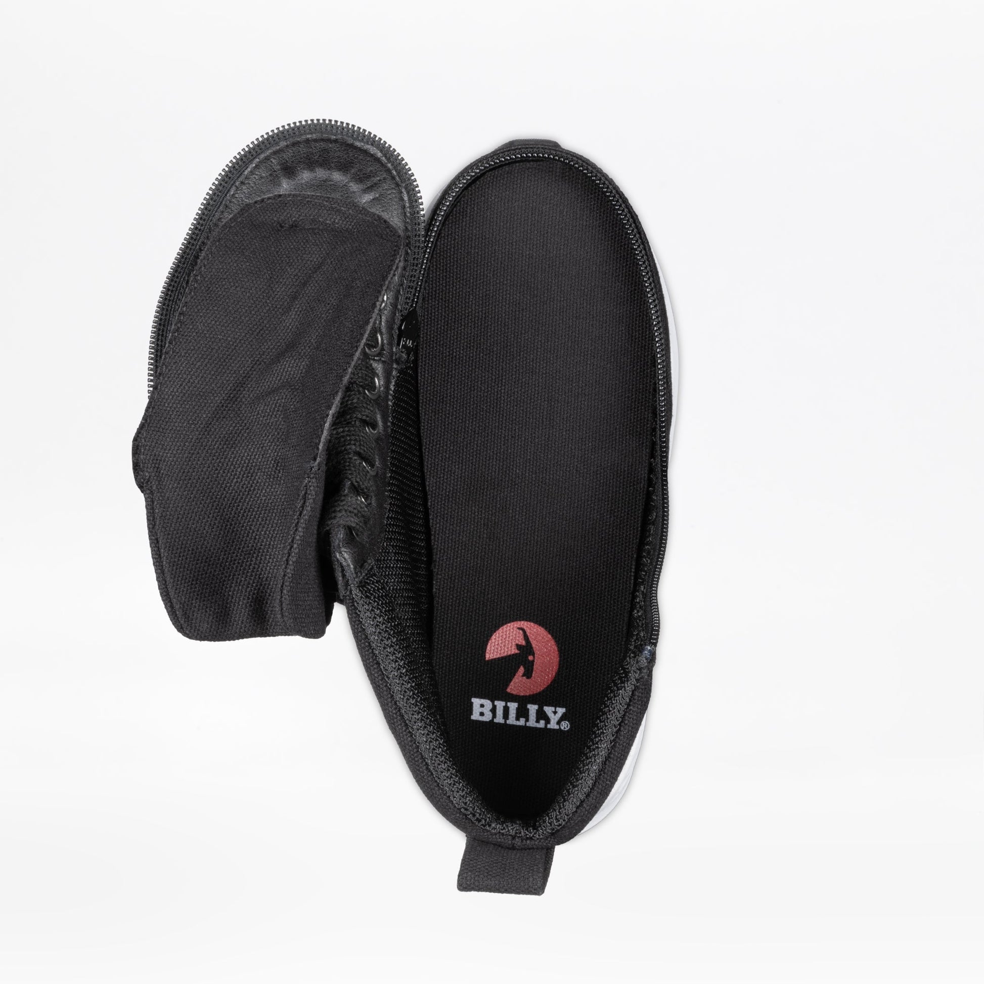 Black BILLY Goat Classic High Top shoes with an AFO-friendly design, featuring a full-wrap zipper for easy wear and a white logo detailing.