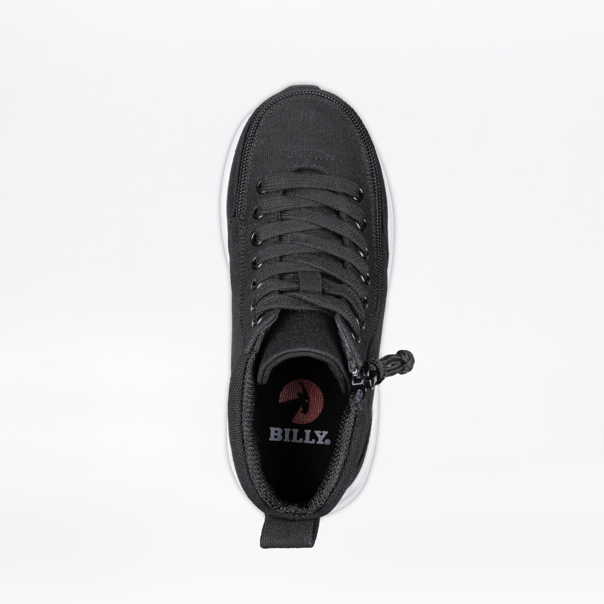 Black BILLY Goat Classic High shoe with a white sole, featuring a full-wrap zipper, designed for easy wear and AFO compatibility.