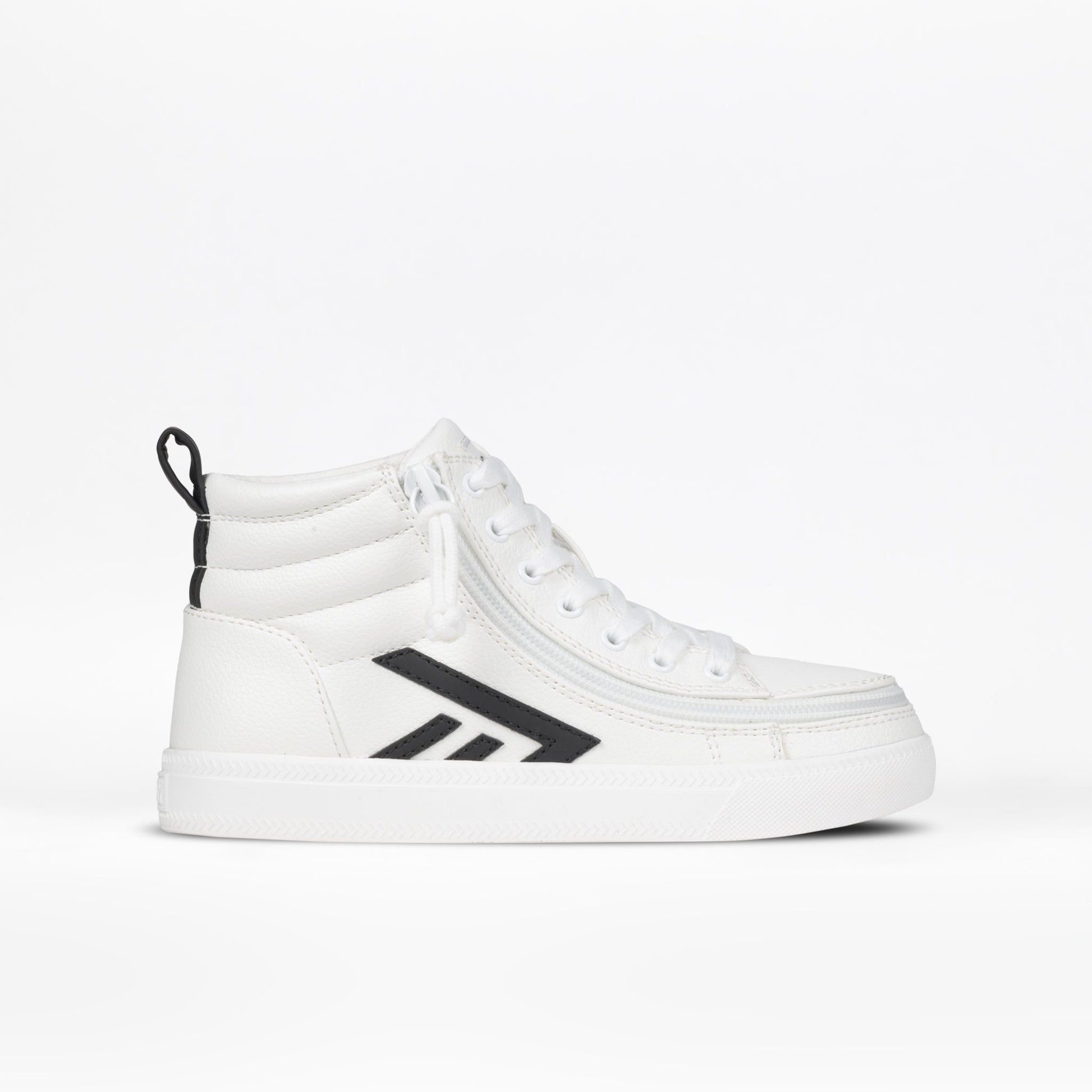 Toddlers' White/Black BILLY CS High sneaker with lace-up and zipper design, featuring removable insoles and flexible outsoles for comfort and ease of use.