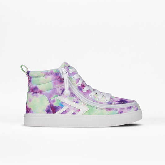 Purple Watercolor BILLY CS High Tops with functional laces, removable insoles, and a wraparound zipper, shown in a close-up view of the shoe.