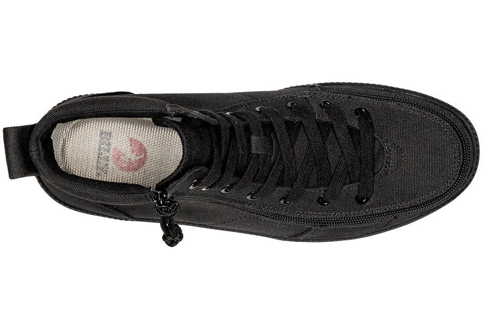Men's Black to the Floor BILLY Classic Lace Highs with padded collar and wraparound zipper for convenience, featuring a close-up of the shoe's detailed design.