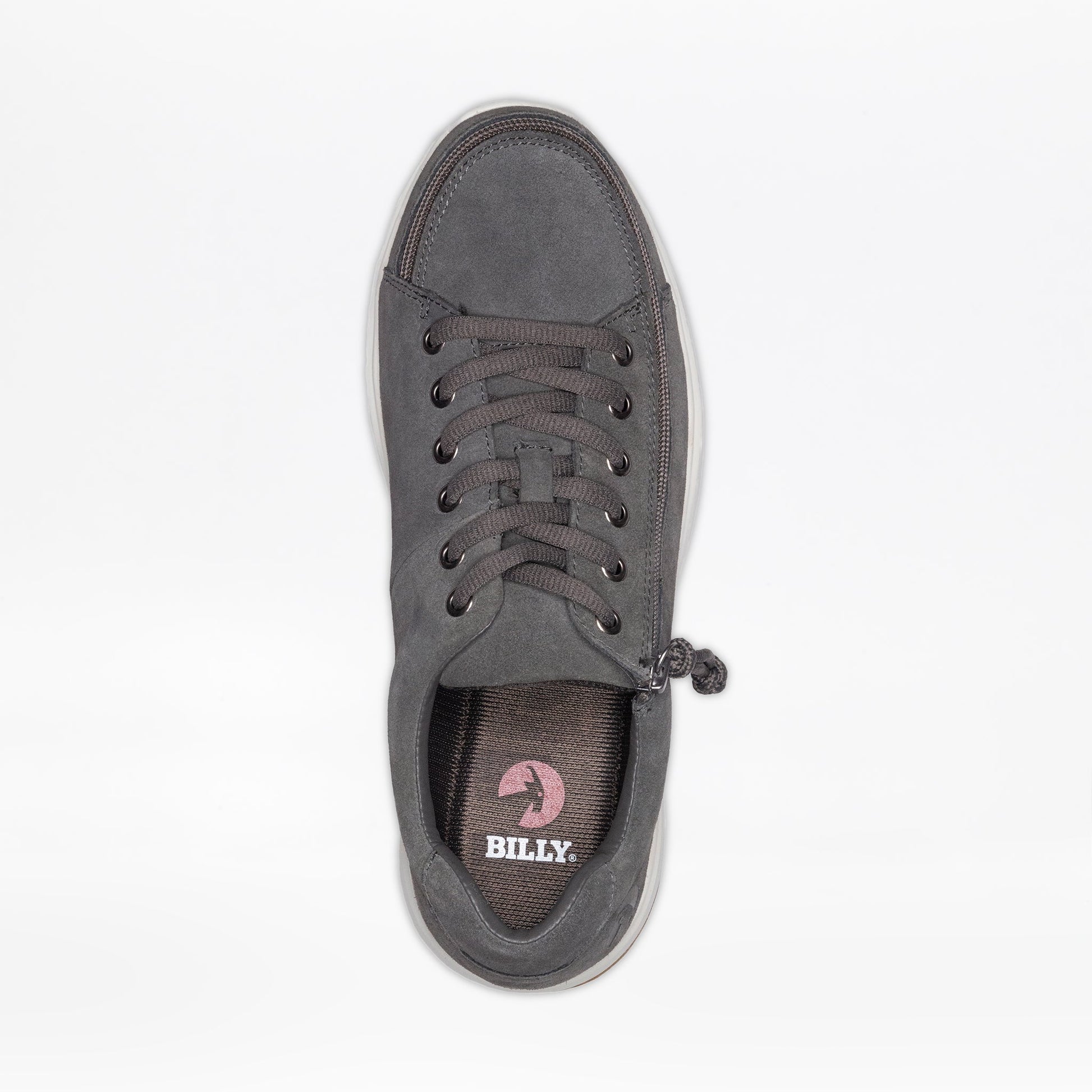 Men's Grey Suede BILLY Comfort Low shoe featuring a white sole, laces, and convenient wraparound zipper for easy wear.