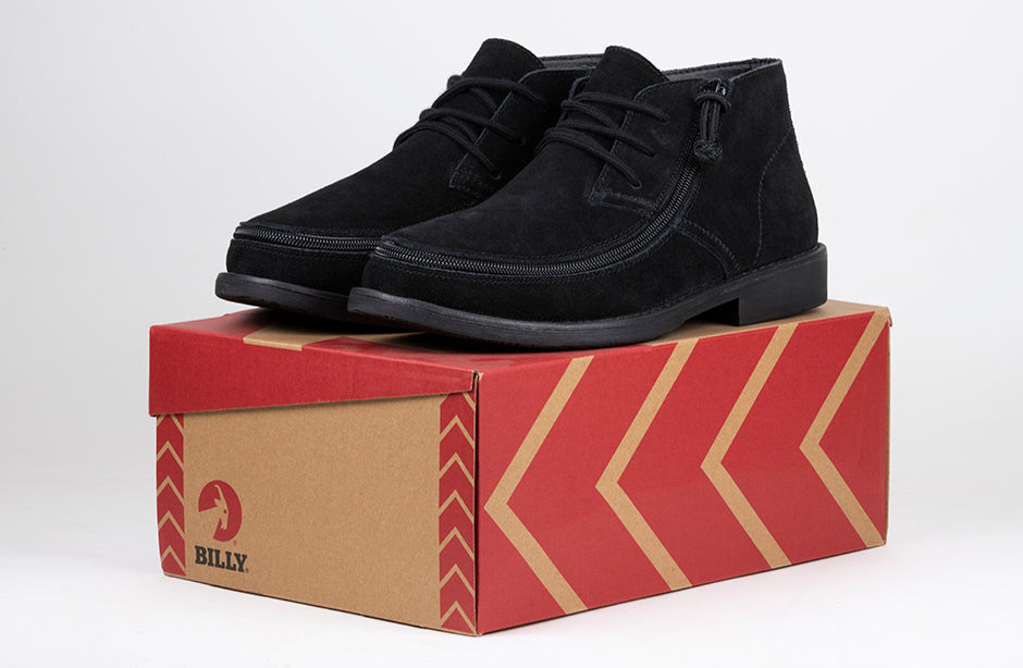Men's Black BILLY Chukkas with a wraparound zipper on a red box, featuring suede leather upper and TPR outsole, designed for easy access and style.
