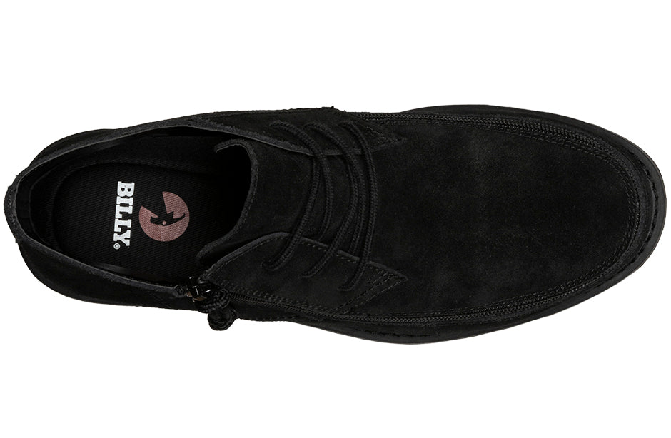 Men's Black BILLY Chukkas featuring a suede leather upper, wraparound zipper for easy access, and faux leather interior, designed for style and functionality.