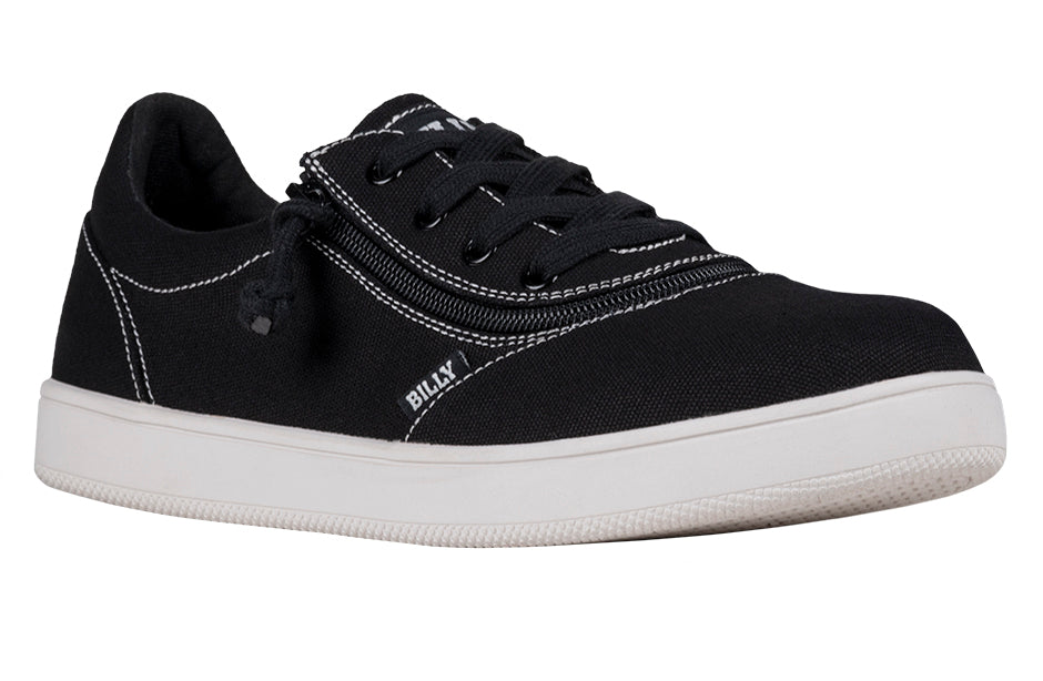 Men's Black/White Stitch BILLY Sneaker Low Tops featuring a classic silhouette with white stitching and an innovative short-wrap zipper configuration for easy accessibility.