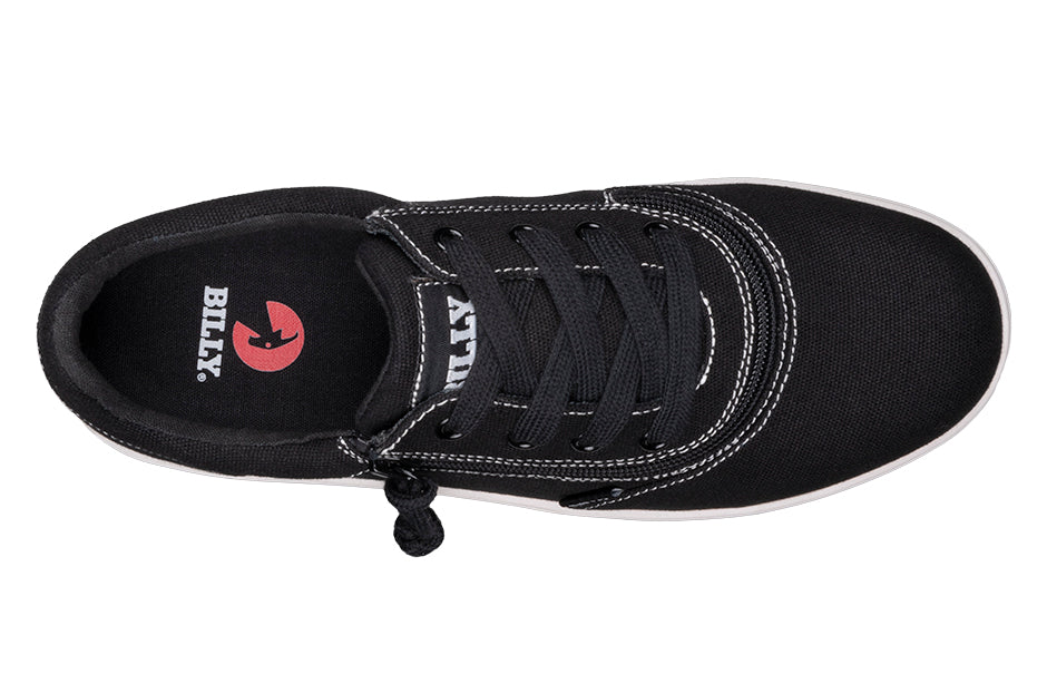 Men's Black/White Stitch BILLY Sneaker Low Tops featuring a short-wrap zipper for easy access, adjustable cotton-blend laces, and a rubber sole for comfort and style.
