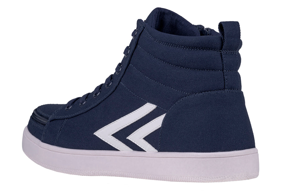 Men's Navy/White BILLY CS Sneaker High Tops with functional laces, removable insoles, and a wraparound zipper for easy access, highlighting comfort and style.