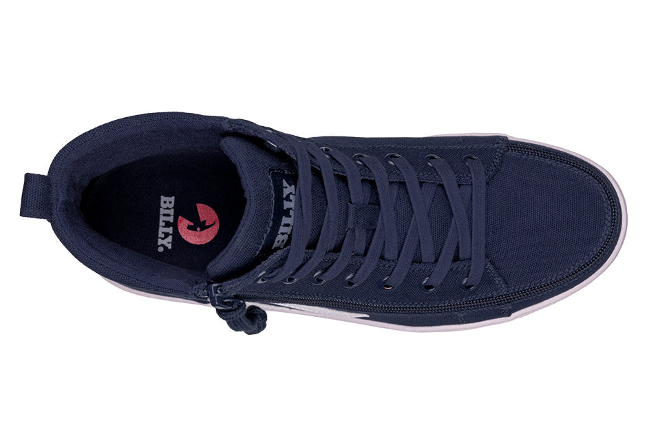 Men's Navy/White BILLY CS Sneaker High Tops featuring a black upper, white sole, functional laces, and a wraparound zipper for easy access.