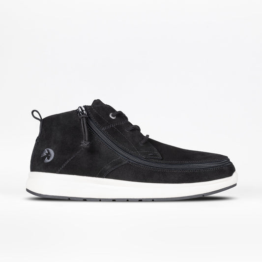 Men's Black Suede BILLY Comfort Chukka with white sole, featuring a wraparound zipper for easy wear, ideal for stylish and accessible footwear.