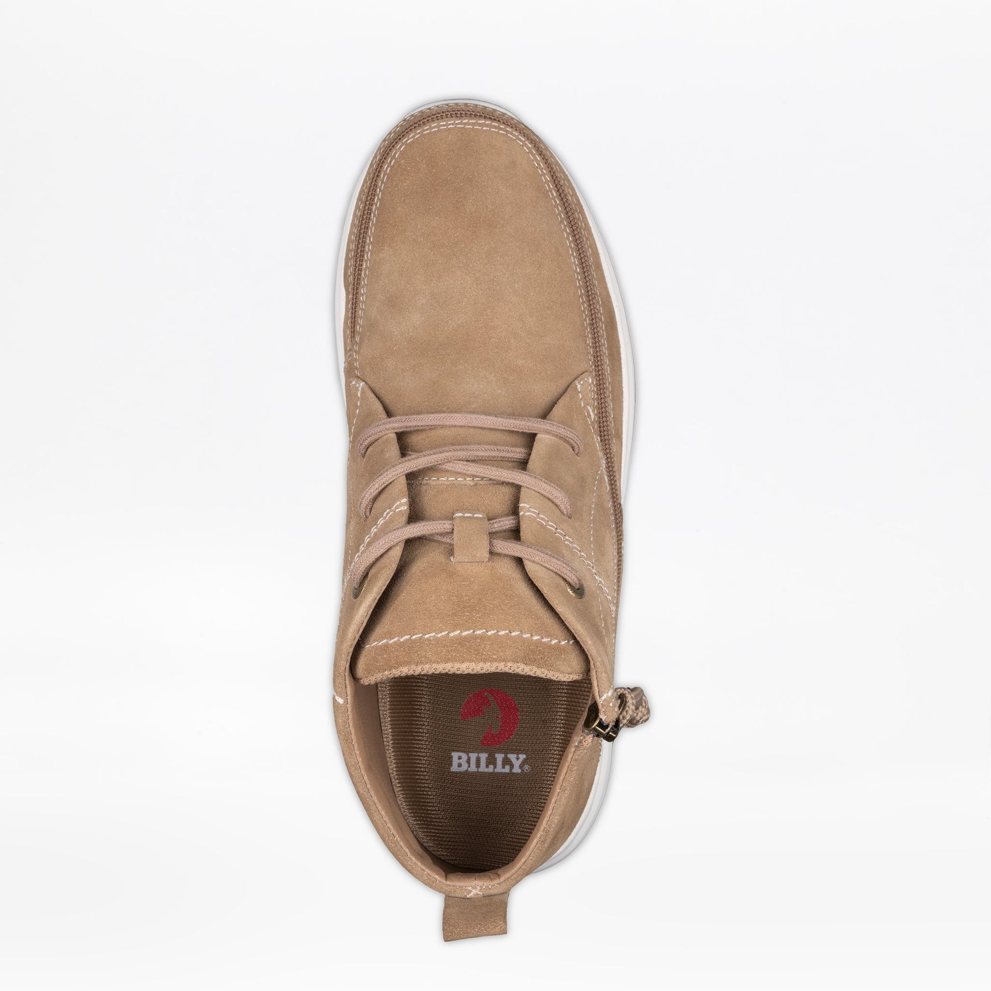 Men's Sand Suede BILLY Comfort Chukka with white sole, featuring a wraparound zipper for easy entry, shown close-up emphasizing the shoe's design and logo.
