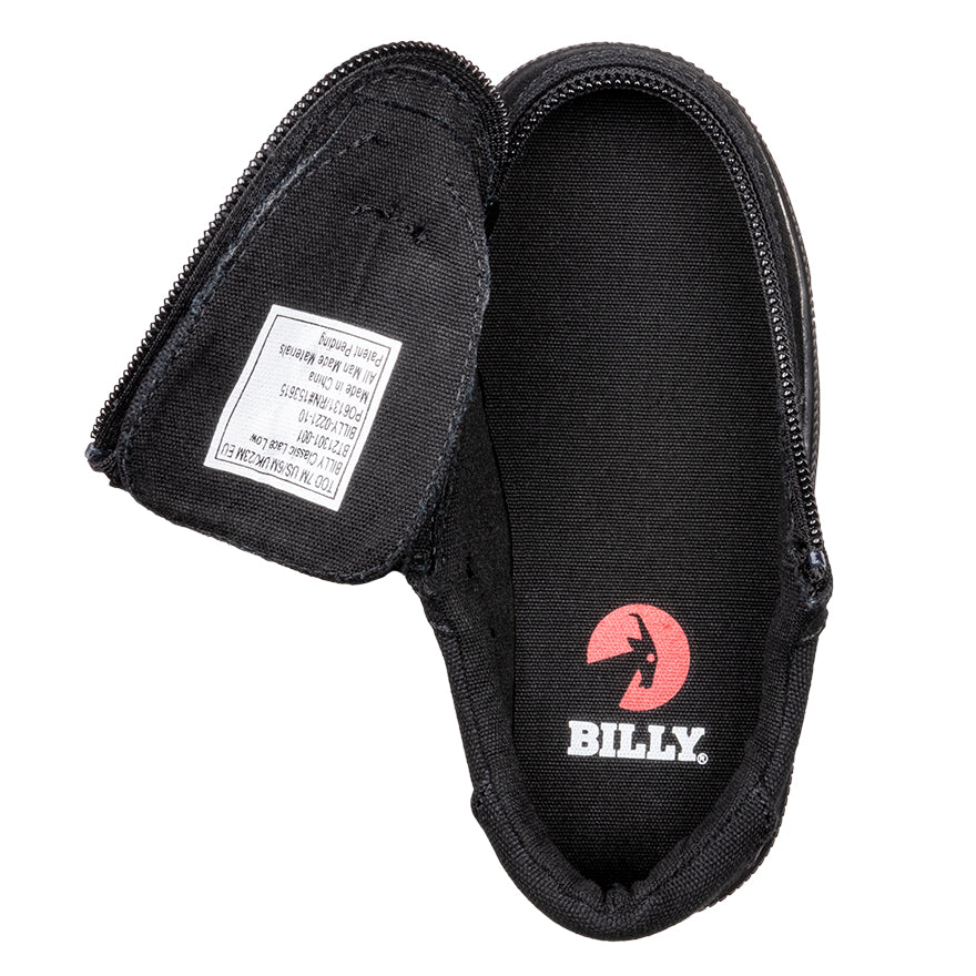 Toddler Black to the Floor Canvas BILLY Classic Lace Lows, featuring a black canvas upper with a white label, adjustable laces, and a rubber outsole.