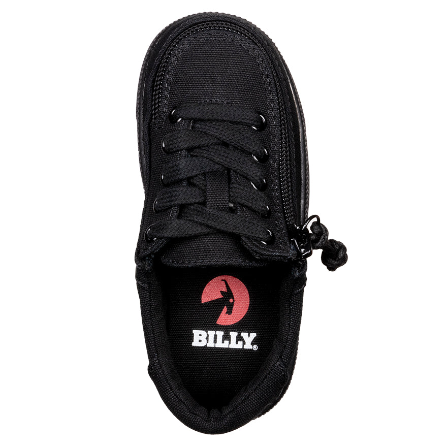 Toddler Black to the Floor Canvas BILLY Classic Lace Lows, a black canvas shoe with an adjustable lace and zip, featuring a red logo.