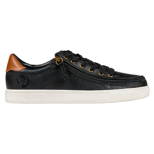 Women's Black (Brown Mustache) BILLY Low Sneakers featuring faux leather upper, rubber tread outsole, and removable insoles, shown in a close-up image highlighting design details.