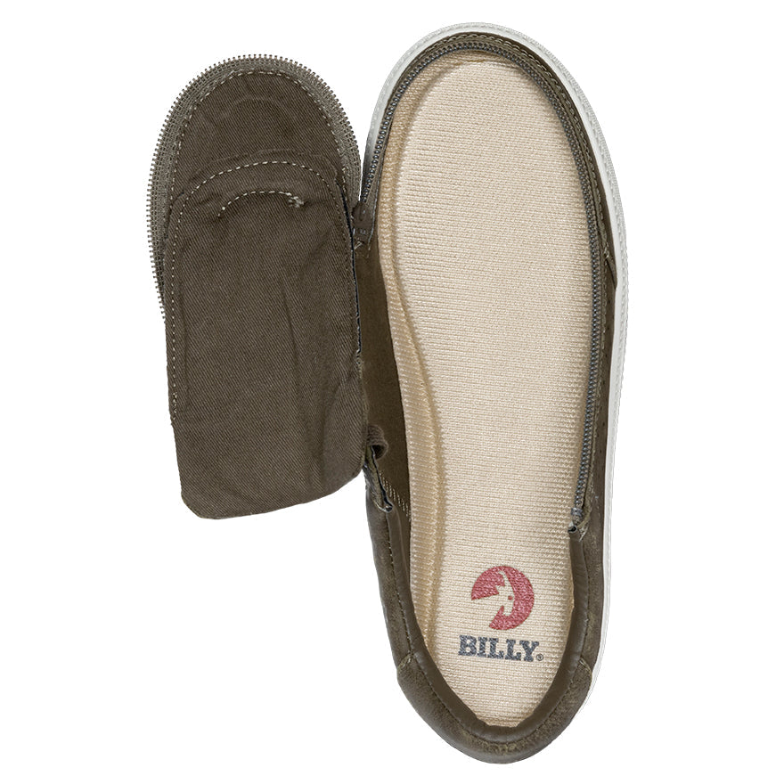Women's Olive BILLY Sneaker Lows with white sole, featuring a close-up of an easy-access zipper on the side.