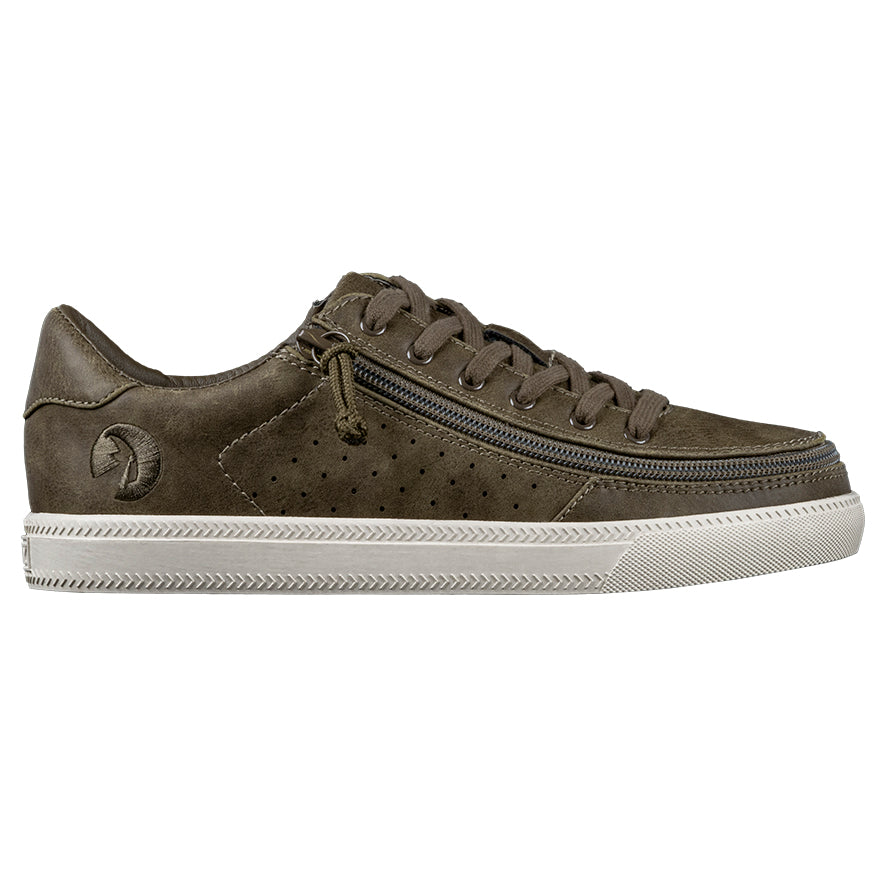 Women's Olive BILLY Sneaker Lows showcasing a brown faux leather upper with a white rubber sole, featuring accessible design elements.