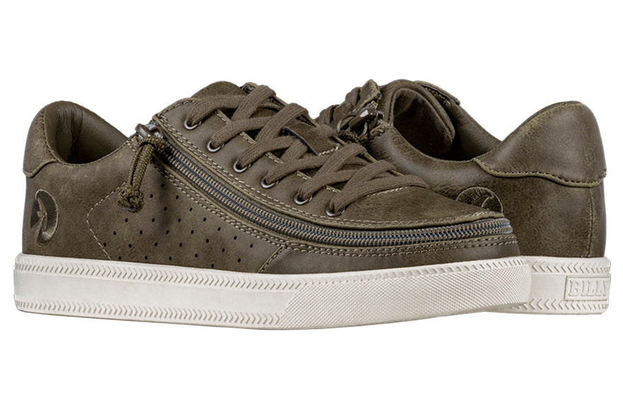 Women's Olive BILLY Sneaker Lows featuring faux leather upper, rubber outsole, and cotton-blend laces, designed for comfort and accessibility with removable insoles.