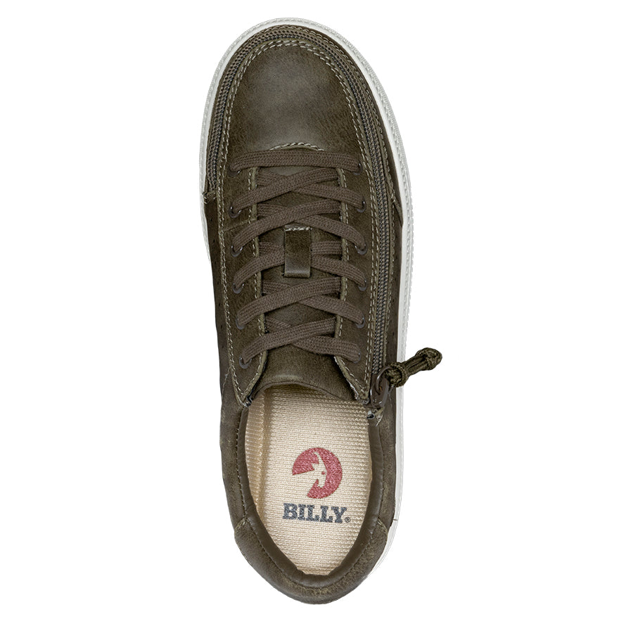 Women's Olive BILLY Sneaker Lows featuring a brown faux leather upper, white sole, and removable insoles, highlighted in a close-up view.