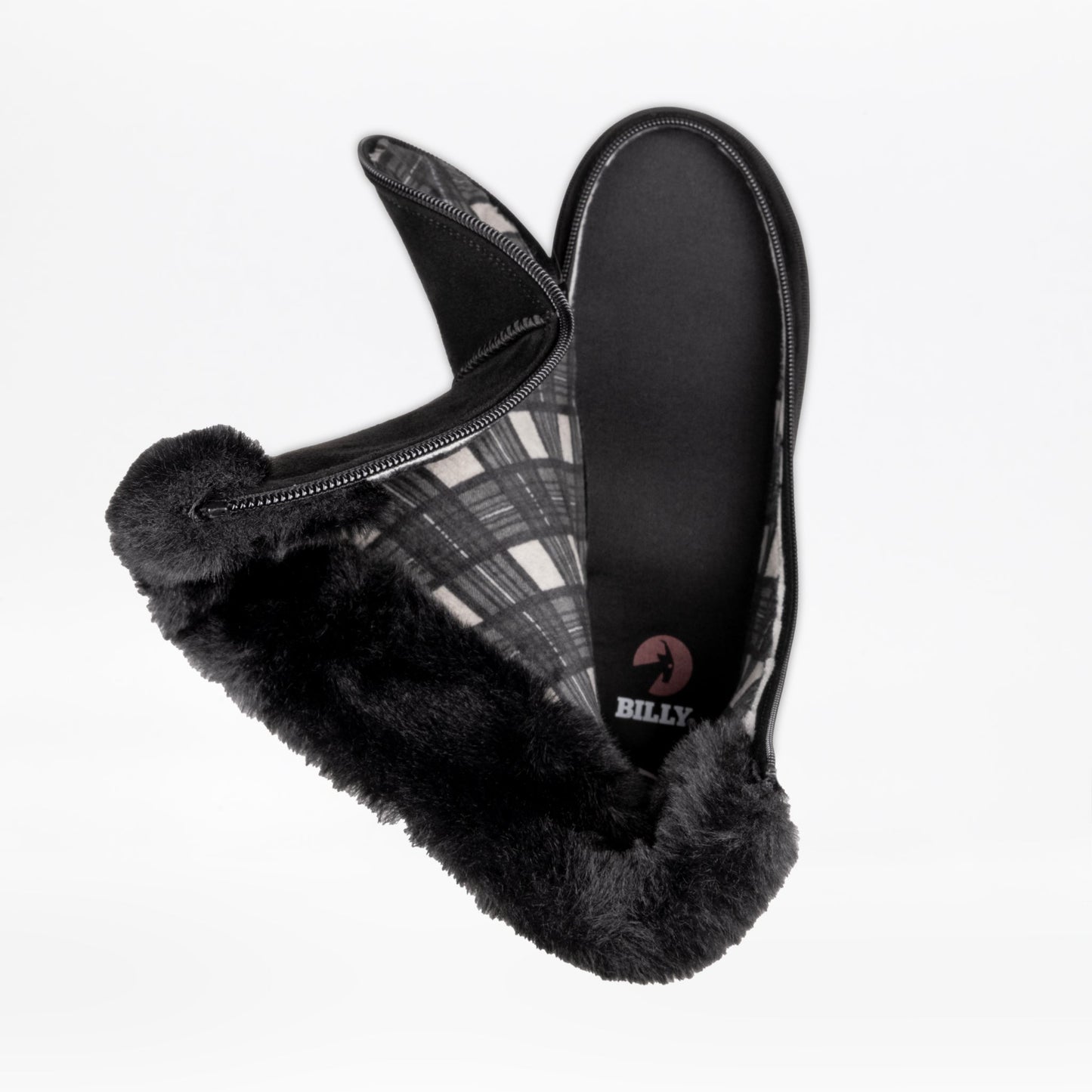 Women's Black BILLY Cozy II slipper with fur trim and flannel lining, featuring a convenient zip fastener for easy access and comfort.