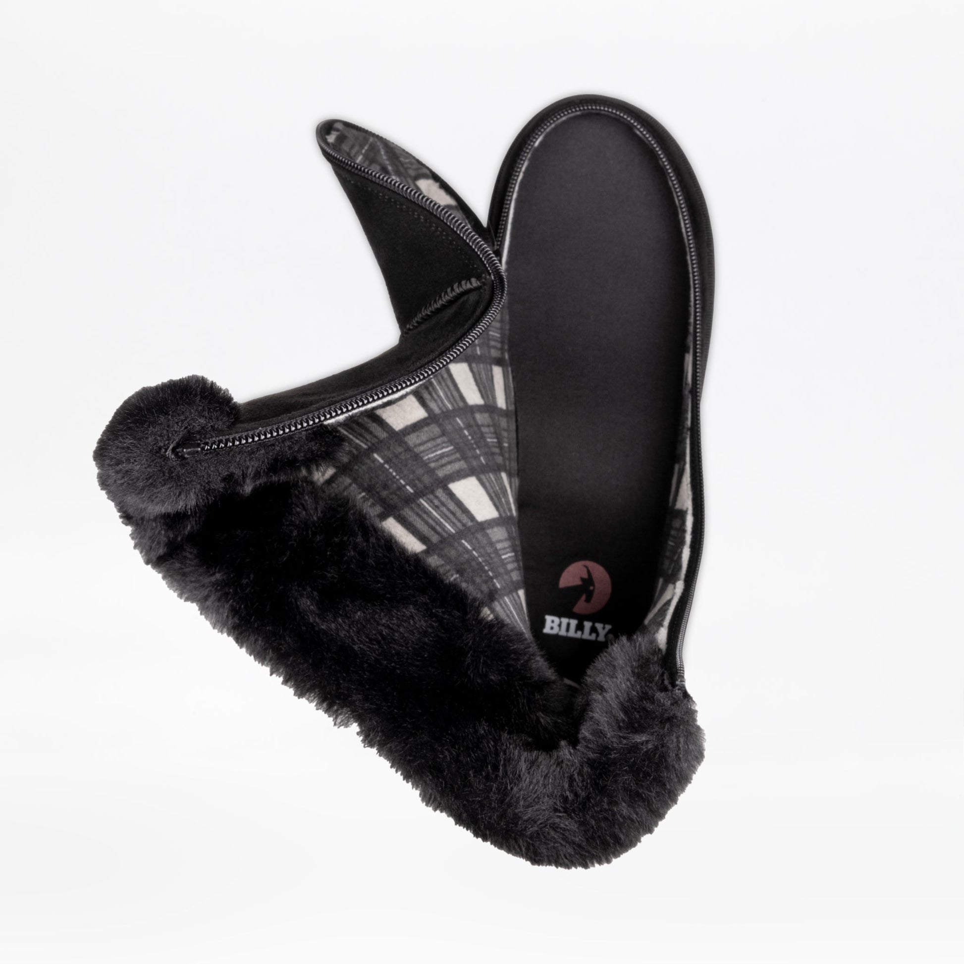Women's Black BILLY Cozy II slipper with fur trim and flannel lining, featuring a convenient zip fastener for easy access and comfort.