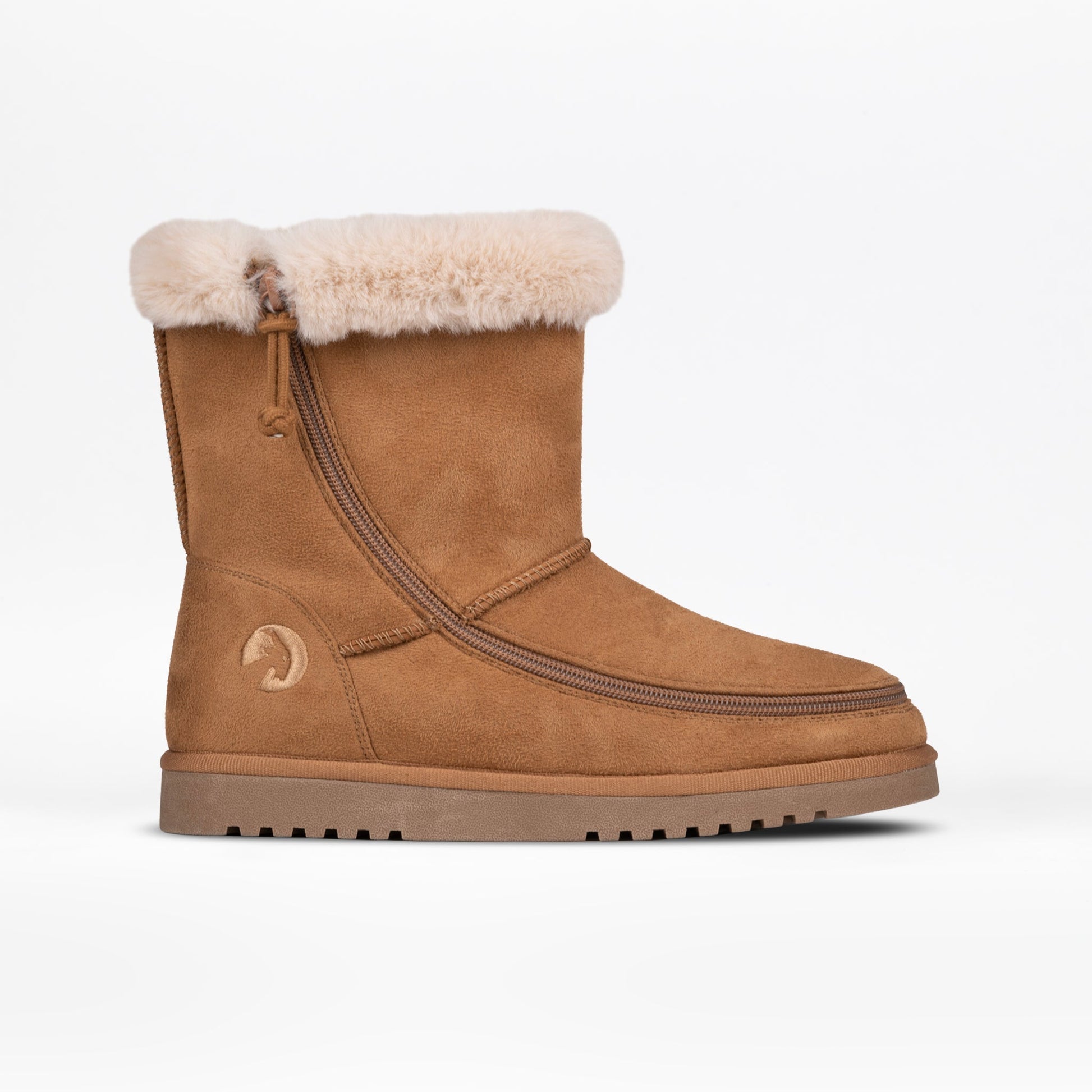 Women's Chestnut BILLY Cozy Boot with white fur lining, featuring an easy-access zipper design, perfect for warmth and comfort in cold weather.