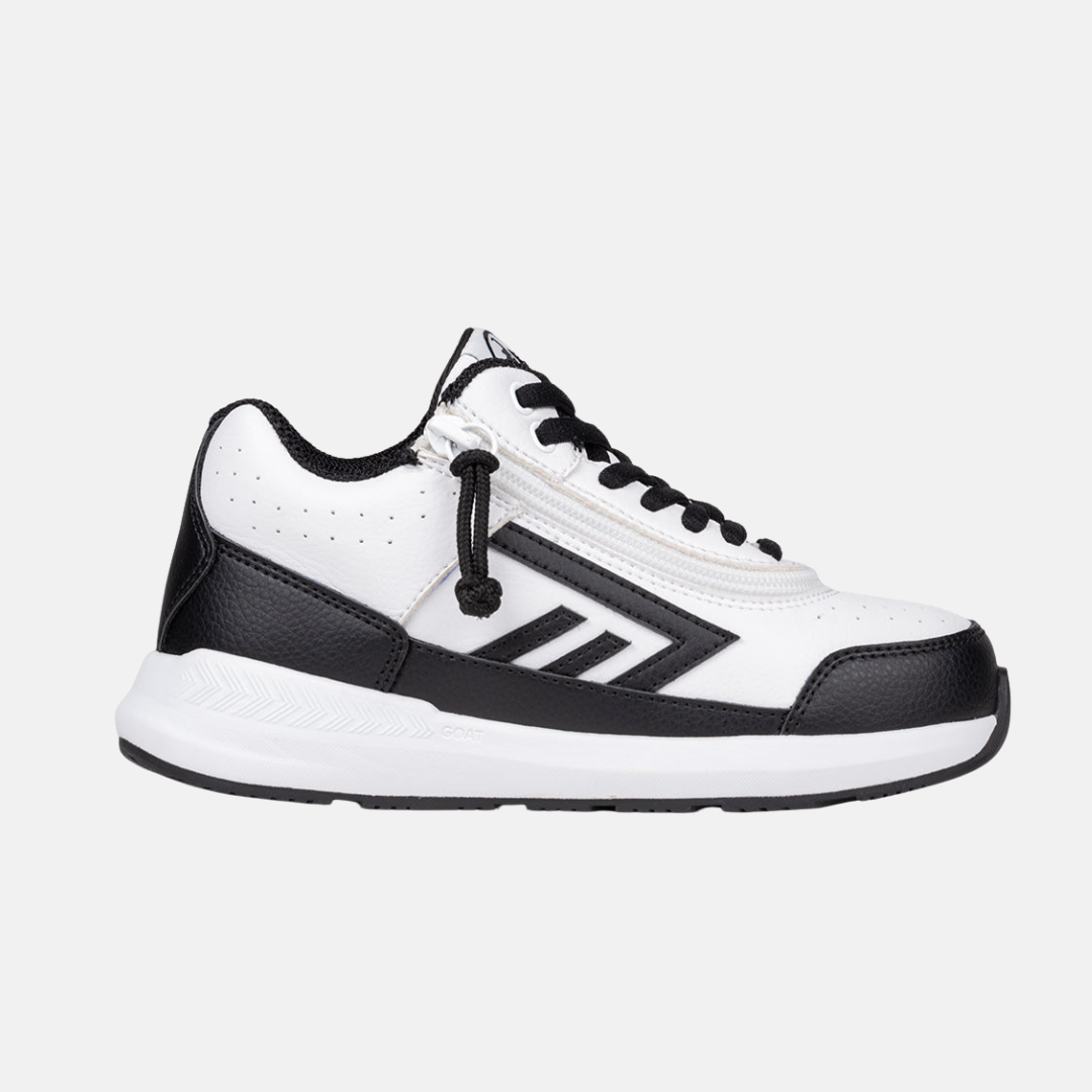 Toddler - Goat Hoop White/Black sneaker with zipper detail for easy access, designed in collaboration with Boston Orthotics for AFO compatibility.
