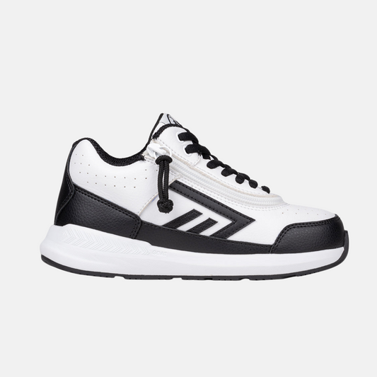 Toddler - Goat Hoop White/Black sneaker with zipper detail for easy access, designed in collaboration with Boston Orthotics for AFO compatibility.