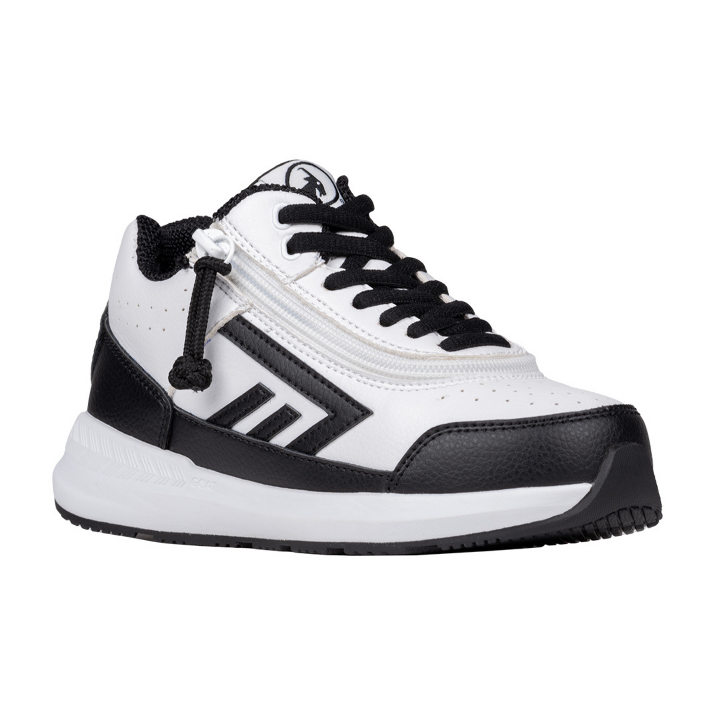 Billy Footwear (Toddler) - Goat Hoop White/Black sneaker featuring a wrap-around zipper and adjustable laces, designed for easy access and AFO compatibility.