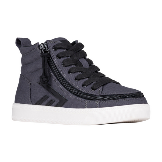 Billy Footwear (Toddler) Charcoal/Black CS Canvas Shoes, featuring functional laces, removable insoles, and a wraparound zipper for easy on-off convenience.