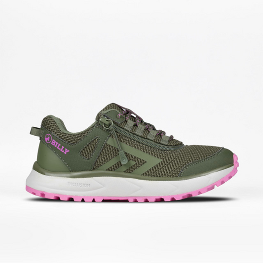Women's Inclusion Trail Olive/Pink sneakers featuring a padded collar, comfortable insole, and innovative short-wrap zipper for easy wear.