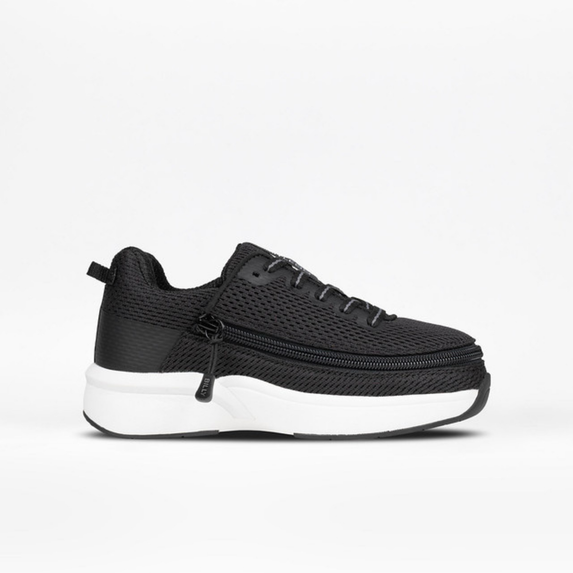 Black BILLY Limitless Low Top Shoes with FlipTop Technology, featuring wrap-around zipper, cushioned inserts, and a modern finish for adaptive, sensory-friendly wear.