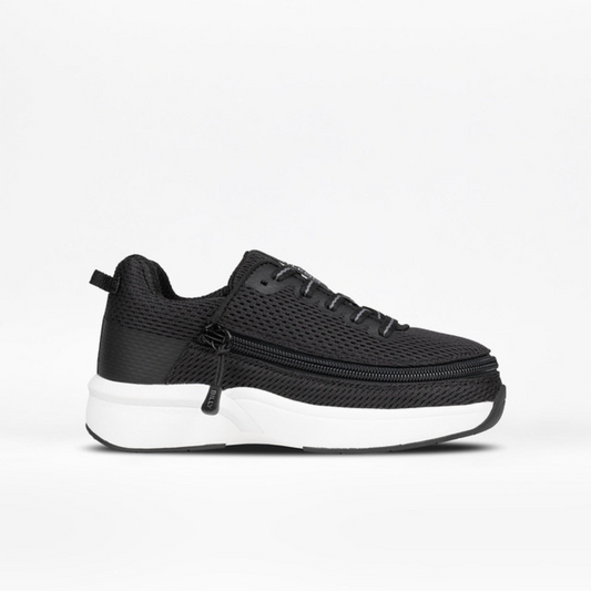 Black BILLY Limitless Low Top Shoes with FlipTop Technology, featuring wrap-around zipper, cushioned inserts, and a modern finish for adaptive, sensory-friendly wear.