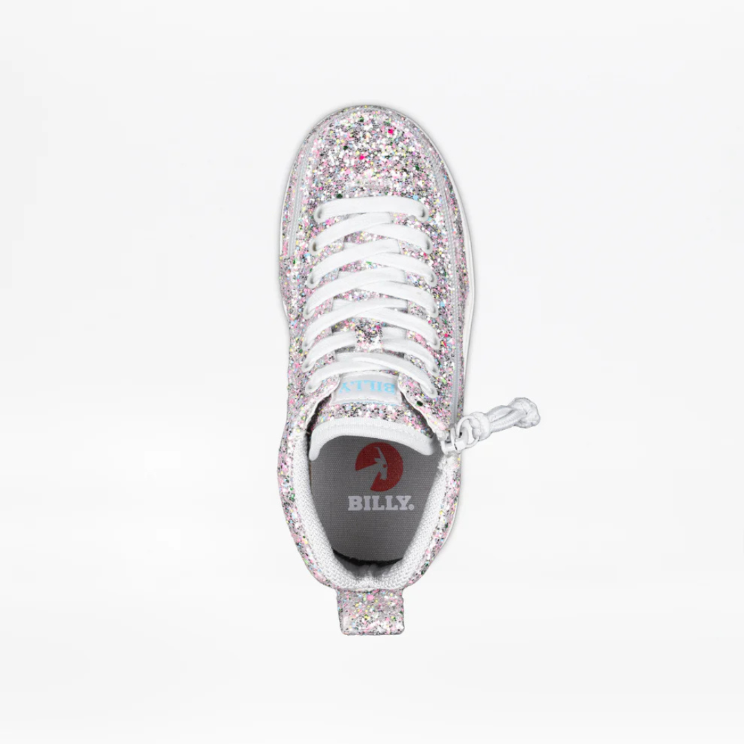 High-top sneaker from above with multi-colored glitter, white laces, and BILLY insole branding. Toddler - Silver Multi Glitter BILLY Classic D|R II High.