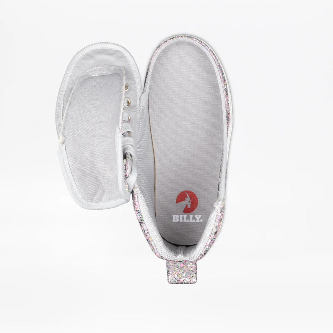 Top-down view of the Toddler - Silver Multi Glitter BILLY Classic D|R II High sneaker, showing silver glitter and unzipped tongue, emphasizing sensory-friendly design.