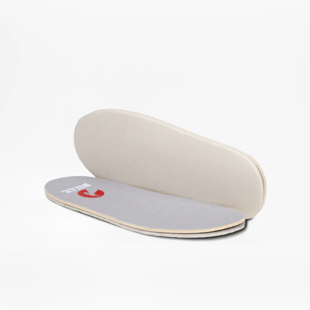 Toddler - Silver Multi Glitter BILLY Classic D|R II High insoles, one showing grey fabric with red “BILT” logo, highlighting comfort and support for independence.
