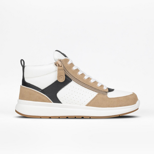 Women's White/Tan/Black Comfort DZ High sneakers with faux leather and suede, featuring double zippers for easy wear and a cushioned interior for comfort.