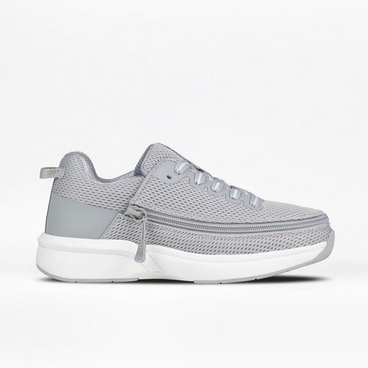 Close-up of Grey Limitless Low Top Shoes by Billy Footwear, featuring FlipTop Technology with wrap-around zipper for easy access, designed for comfort and adaptability.