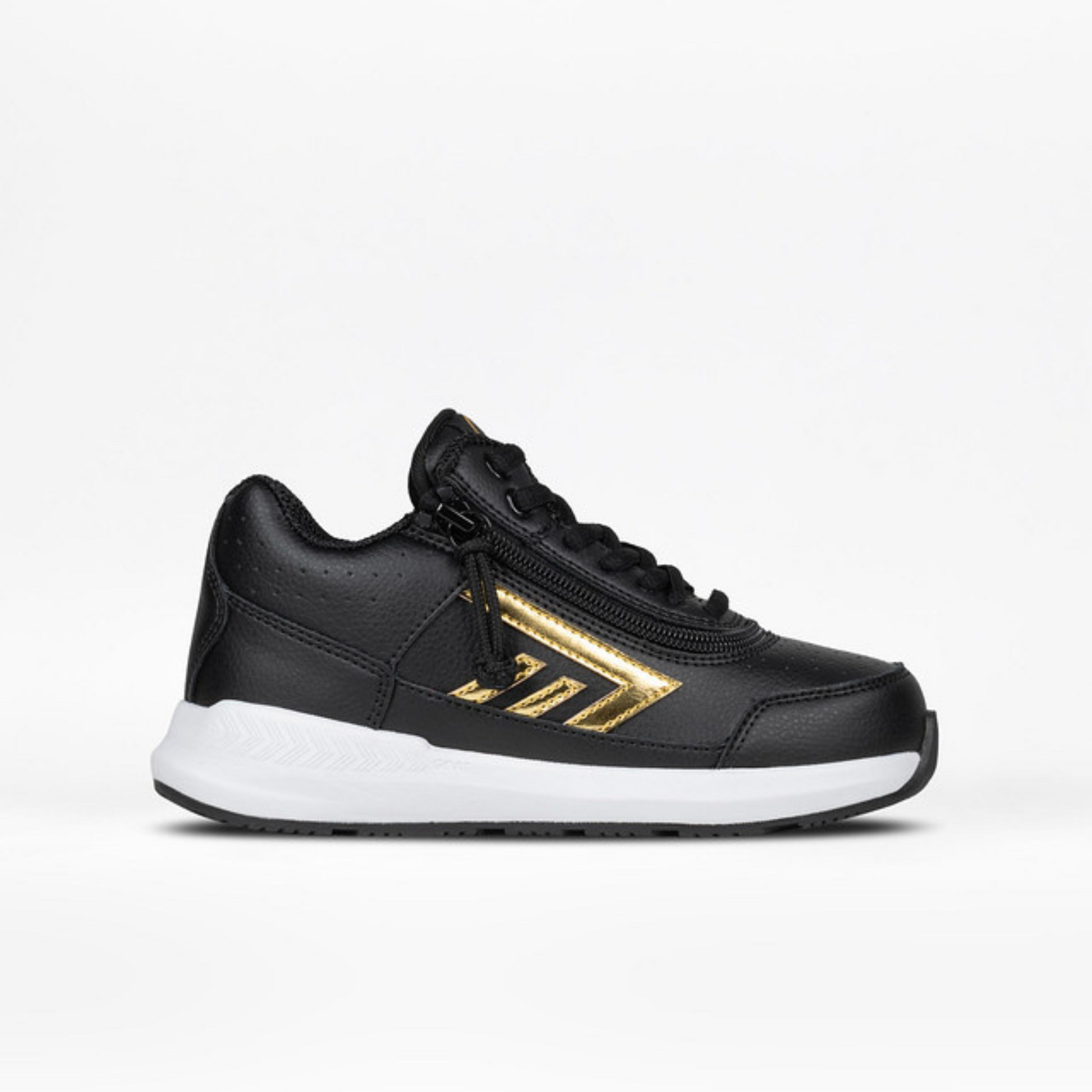 Billy Footwear (Toddler) Goat Hoop Black/Gold sneaker with wrap-around zipper, canvas upper, rubber outsole, and adjustable laces, designed for easy wearability and AFO support.