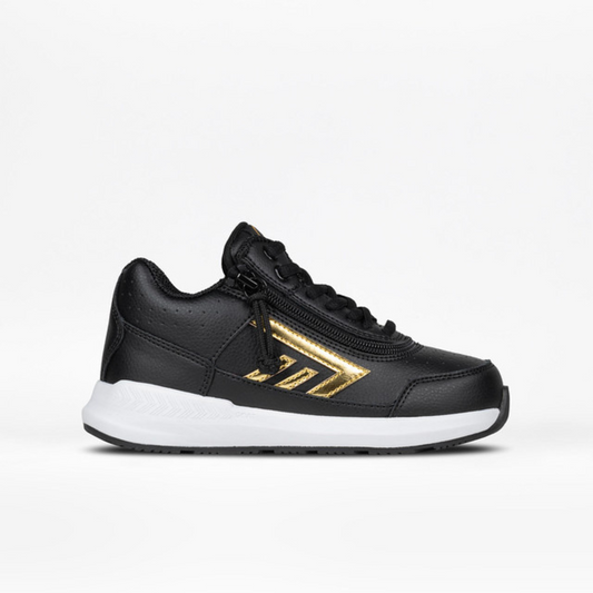 Billy Footwear (Toddler) Goat Hoop Black/Gold sneaker with wrap-around zipper, canvas upper, rubber outsole, and adjustable laces, designed for easy wearability and AFO support.