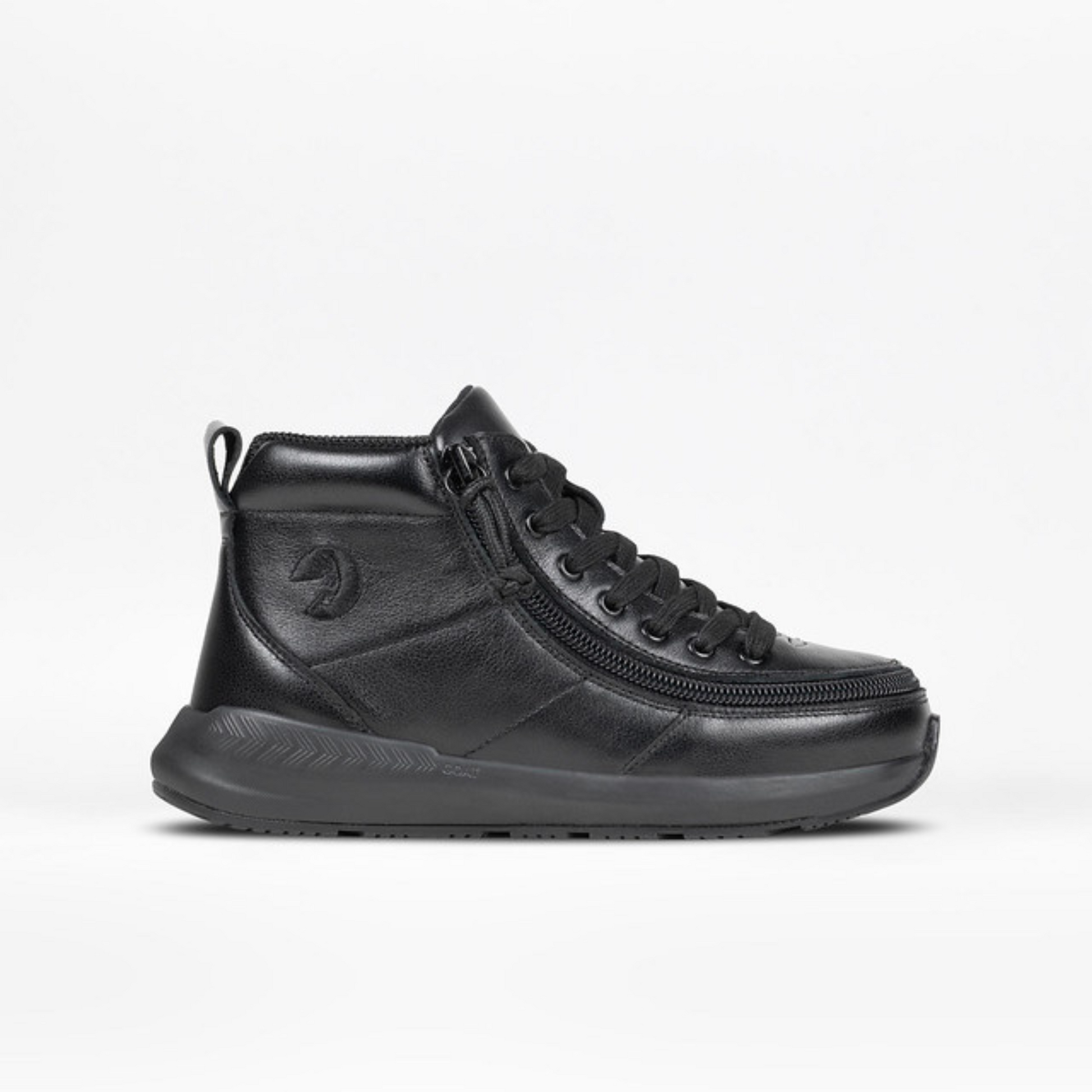 Billy Footwear (Kids) - Goat High Top Sport Black Leather features wrap-around zipper and laces, designed for easy wear and AFO compatibility.