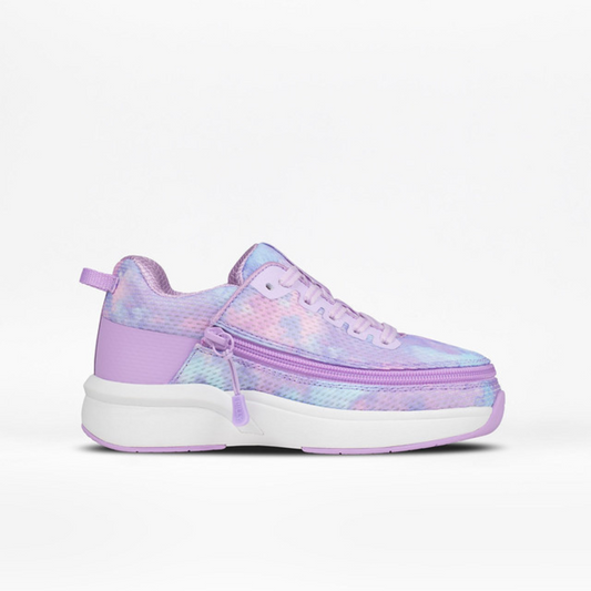 Toddler - Silver Multi Glitter BILLY Classic D|R II High sneaker with pastel tie-dye, lavender accents, and a convenient wraparound zipper for easy access.
