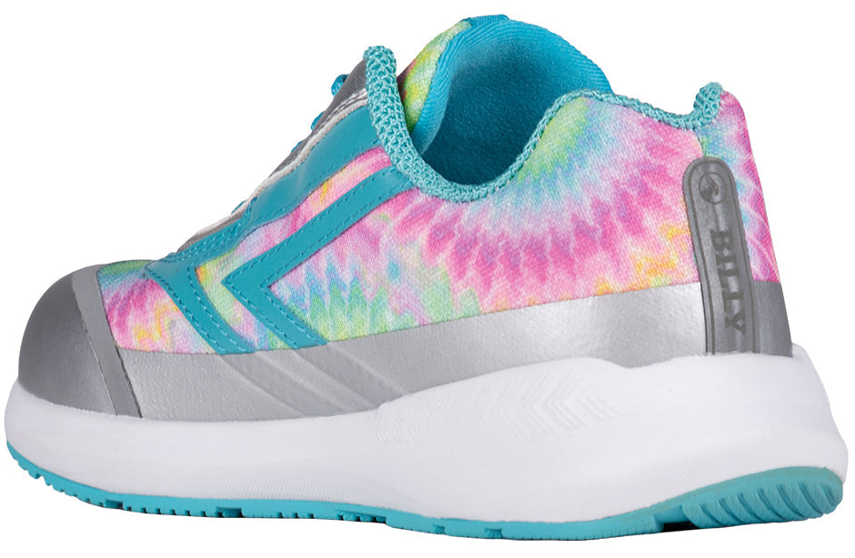 Billy Footwear Goat Low Top Sport Rainbow Tie Dye walking shoe with canvas upper, wrap-around zipper, adjustable laces, and cushioned inserts. AFO-friendly design for easy accessibility.